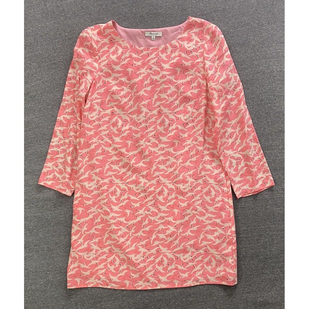 Madewell Womens Dress Medium Coral Swan 100% Silk 3/4 Sleeve Shift Lined‎